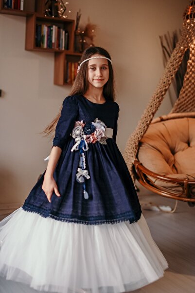 MIALORA EXCLUSIVE Özel Tasarım Kız Çocuk Elbise, Lacivert-beyaz, Duvaklı Pamuk Brode Ve Tül Detaylı Uzun Şık Elbise