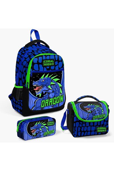 Yaygan Coral High Kids Black Saks Dragon Patterned 3-Piece School Bag Set