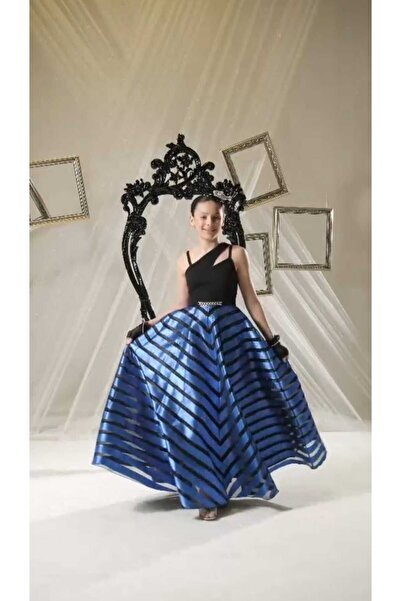 Erkut Kız Çocuk Mavi Siyah Renkli Uzun Abiye Elbise