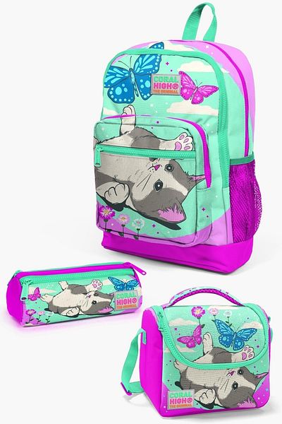 Coral High Kids Water Green Pink Cat Patterned 3-Piece School Bag Set SET0123707