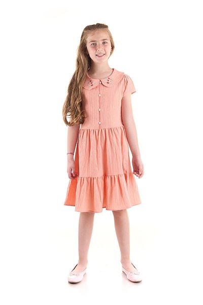 AHENGİM Rochie Brodata Fete - Guler Nasturi, Bumbac Ak2523