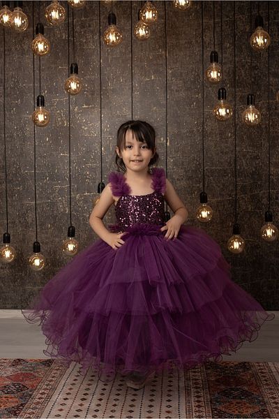 FR Shop F&r Shop Girl's Fluffy-scrawling Purple Evening Dress Wedding Dress Wedding Party Dress Special Series Sequin Embroidered