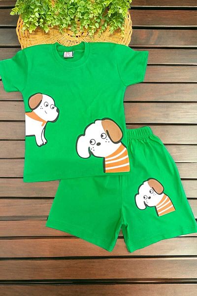 dinamik çocuk Unisex Kids Dog Printed Bottom Top 2 Piece Set Summer Thin Short Sleeve