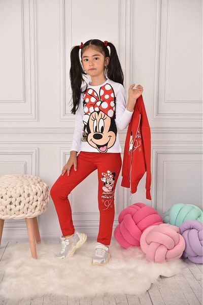 PICCALİLLY Minnie Patterned Two Thread Combed Cotton Cardigan - White Long Sleeve Tshirt - Tights - Combed Cotton 3-Piece Set