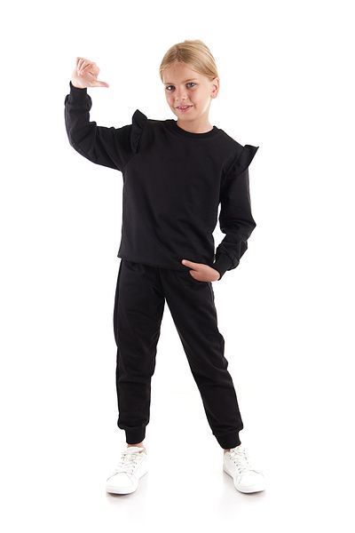 AHENGİM Set aus Baumwoll-Sweatshirt und Jogginghose für Mädchen – Rüschendetails Ak2515