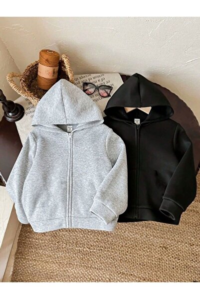 MORNİNG KİDS Girl's 2-Pack Grey-Black Minimal Heart Print Cardigan