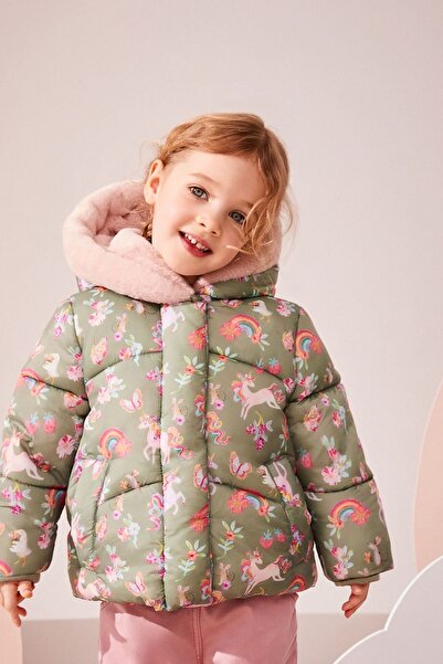 Next Baby Suya Dayanıklı haki yeşili Unicorn ve Çeşitli Desenli Kız Çocuk Montu