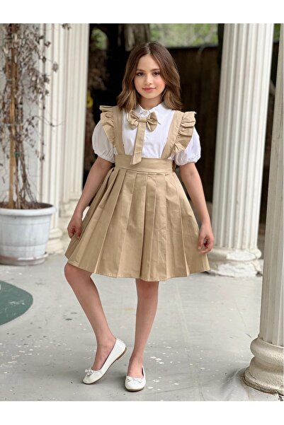 ELAFOR Γιορτινό φόρεμα για κορίτσια - Πλισέ φούστα Salopet με αποσπώμενο φιόγκο και φούστα με φούσκα και βολάν - 23 Απριλίου