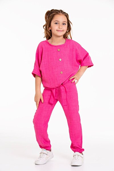 tunays shopping Летен комплект за момиче от тъкан лен с предна връзка