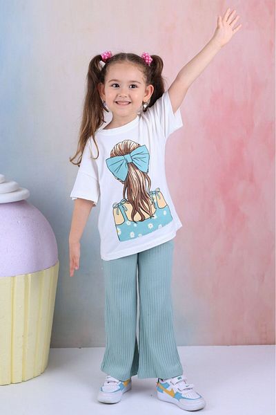 tunays shopping Girl's Spanish Leg Ribbed Tights and Oversize Printed T-shirt Set