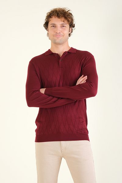 Giyim Dünyası Claret Red Men's Polo Collar Mercerized Sweater - Diamond Pattern