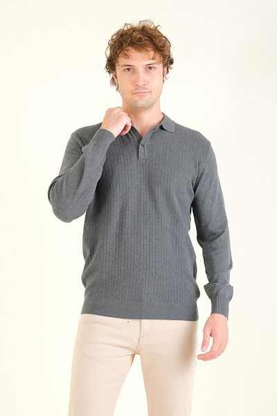 Giyim Dünyası Anthracite Men's Polo Collar Patterned Sweater
