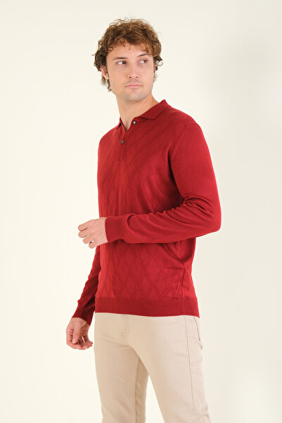 Giyim Dünyası Red Men's Polo Collar Diamond Patterned Mercerized Sweater