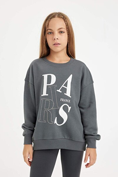DeFacto DFC - Kız Çocuk Oversize Fit Bisiklet Yaka Baskılı Sweatshirt