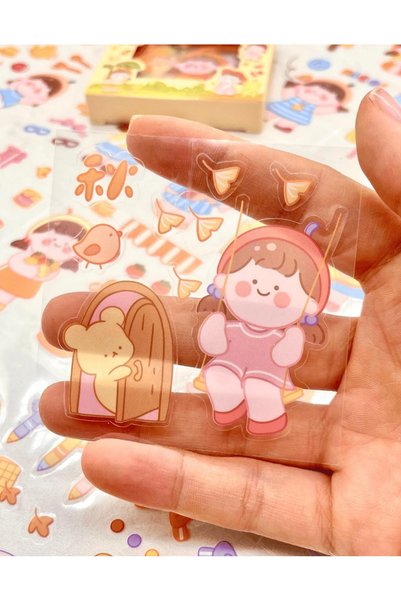 Kağıt Gemi Dükkan Sevimli Kız Ayıcık Sonbahar 100 Yaprak 500 Adet Mini Kutu Şeffaf Pet Sticker Seti/Etiket/Çıkartma