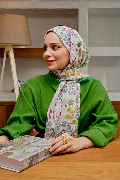 AFVENTE شال أخضر من القطن الناعم بنمط الأزهار