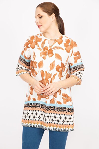 Şans Női barna nagy méretű szőtt viszkóz szövet vízmintás tunika 65n35878