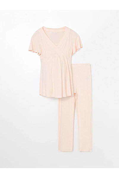 LC Waikiki LCW DREAM Açık Pembe Baskılı Kruvaze Yaka Düz Kısa Kollu Hamile Pijama Takımı