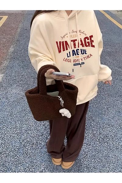 PALPİTO Beige Vintage Printed Women's Hoodie - 3 Thread Hooded Sweatshirt