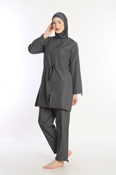 Sonne's Smoke Color - 4 Pieces Full Covered, Water Repellent Fast Drying Zippered Parachute Hijab Swimsuit