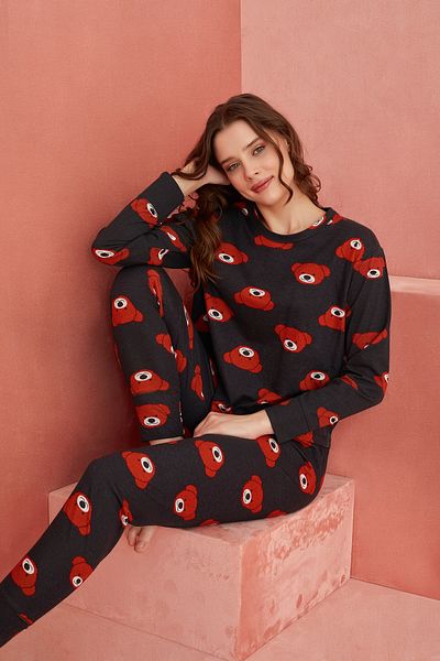 ELİTOL Bear Patterned Smoked Long Sleeve Knitted Pajama Set