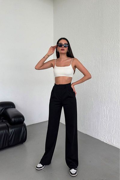 Butik Black Velcro Palazzo High Waist Adjustable Waist Wide Leg Women's Trousers