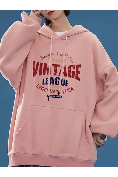 PALPİTO Women's Pink Vintage Printed 3 Thread Hooded Hoodie Sweatshirt