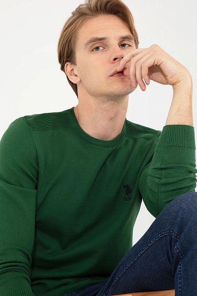 U.S. Polo Assn. Мъжки зелен плетен пуловер Basic
