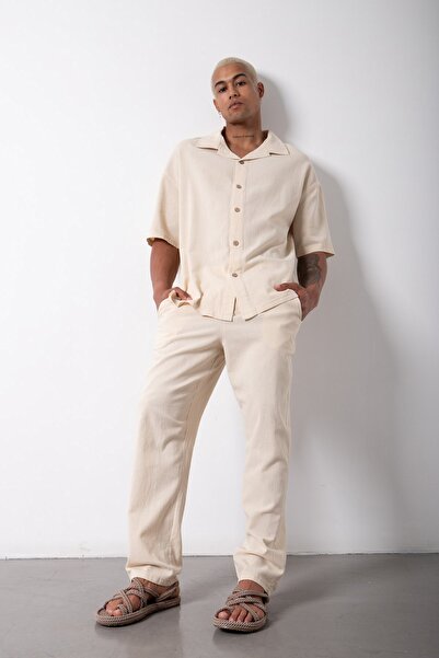 Machinist oversized Κοντομάνικο λινό πουκάμισο πέτρα