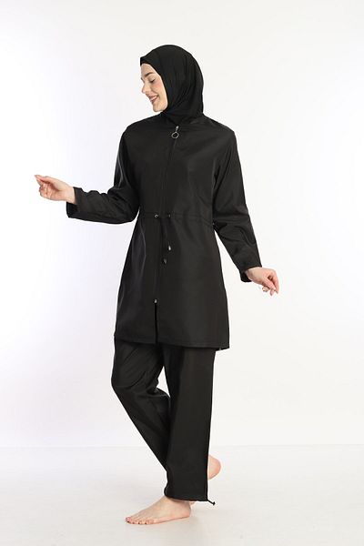 Sonne's Black Quick Dry Zippered Parachute Hijab Swimsuit - 4 Pieces Full Covered