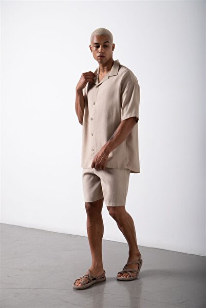 Machinist Erkerk κοντομάνικο oversized μπεζ λινό πουκάμισο