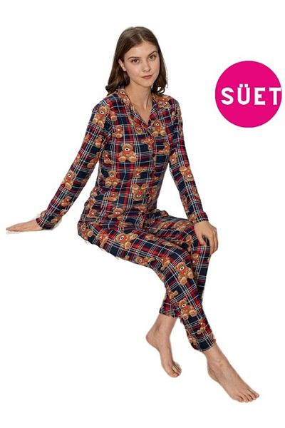 bie's Suede Winter Pajamas Set with Teddy Bear Pattern - Shirt Collar, Buttoned Front, Long Sleeve, Skinny Slim Fit -