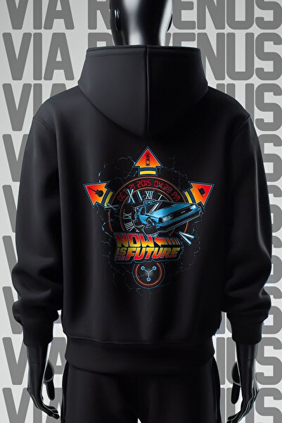 Vordevia Back To The Future - سويت شيرت أسود بغطاء للرأس مطبوع من الأمام والخ...