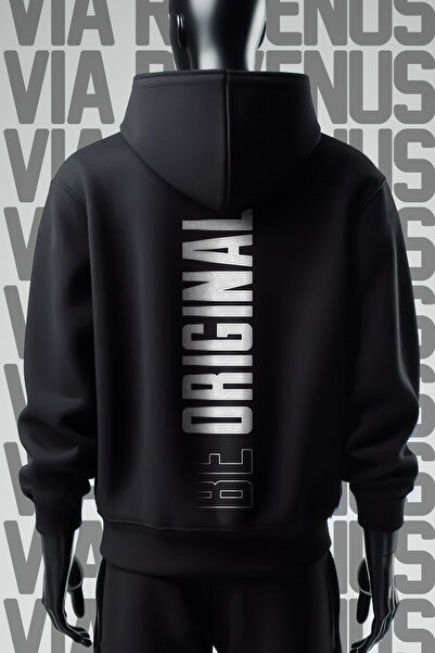 Vordevia Hanorac negru cu glugă Be Original, imprimat față și spate, cu 3 fir...