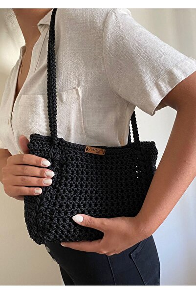 Nillys Kadın Polyester Makrome Siyah Örgü Kol Çantası (en:31cm /boy:22cm )
