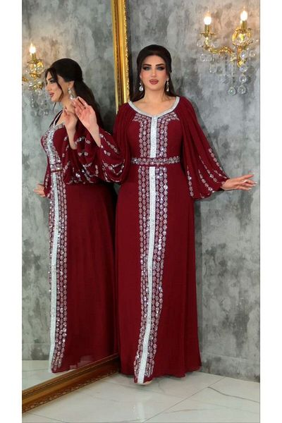 ZENABİYEM Zena Fashion Balloon Sleeve Bead Embroidered Belted Evening Dress