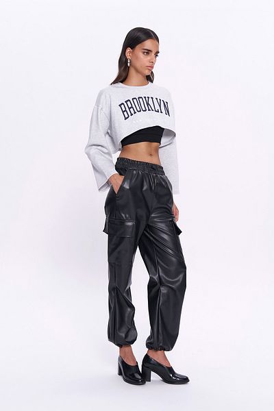Quzu Cargo Pocket Detailed Elastic Waist Leather Trousers Black