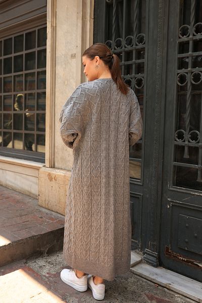 ALCHON U Shawl Collar Long Sleeve Hair Braided Ankle Detailed Oversize Ankle Length Winter Knitwear Cardigan