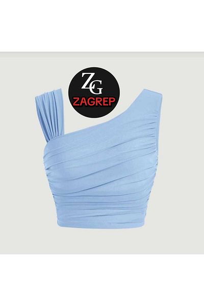 Zagrep Crop top pentru femei Baby Blue - Jersey de mătase fără vedere prin detaliu pe umeri, drapaj și mâneci cu șnur
