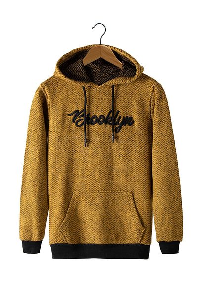 ADEGO Mustard Embroidered Men's Sweatshirt - Hooded and Kangaroo Pocket