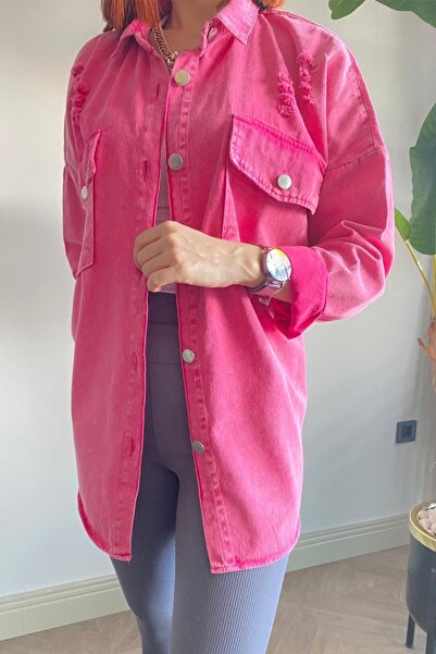 Ded COLLECTION Γυναικείο τζιν τζιν παλιό μοντέλο ροζ πουκάμισο