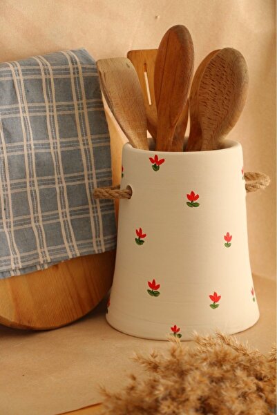 Hoyatap Çiçekli Dekoratif Hasır Kulp Detaylı XL Ebat Büyük Kaşıklık & Vazo