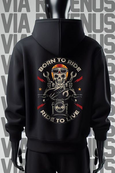 Vordevia Born to Ride - 3 Thread Wide Fit Black Hooded Sweatshirt