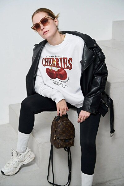 The Champ Clothing Λευκό φούτερ Oversize - Crew Neck, Fleece Cherries Printed