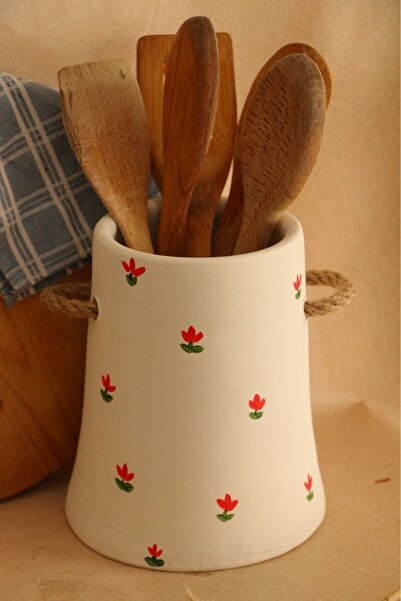 Hoyatap Kırmızı Çiçek Desenli Hasır Kulp Detaylı XL Ebat Dekorarif Vazo