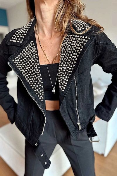 Lady Pixie Дънково яке Crossover Biker с камъни на яката