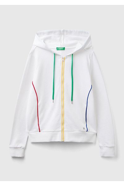 United Colors of Benetton White Colored Hooded Sweatshirt - 100% Cotton, Zippered Piping