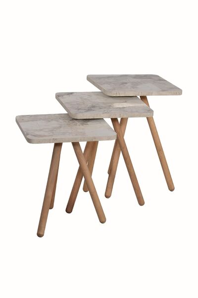 interGO Üçlü Zigon Sehpa Ahşap Ayaklı Kare Tasarım Krem Mermer Desenli