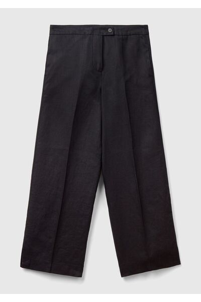 United Colors of Benetton Γυναικείο μαύρο 100% λινό παντελόνι με κουμπιά ψηλό...