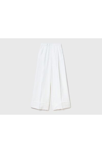 United Colors of Benetton Croială largă din in alb - Pantaloni cu talie elastică
